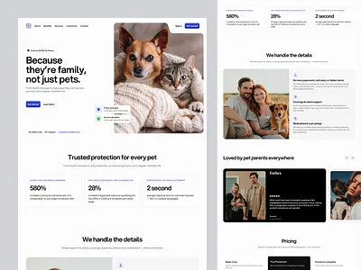 Pawfect - Pets Insurance landing page accident business cat clean company profile design dog homepage insurance landing page modern minimalist pet pet care pet health protection rent startup ui ux web design website