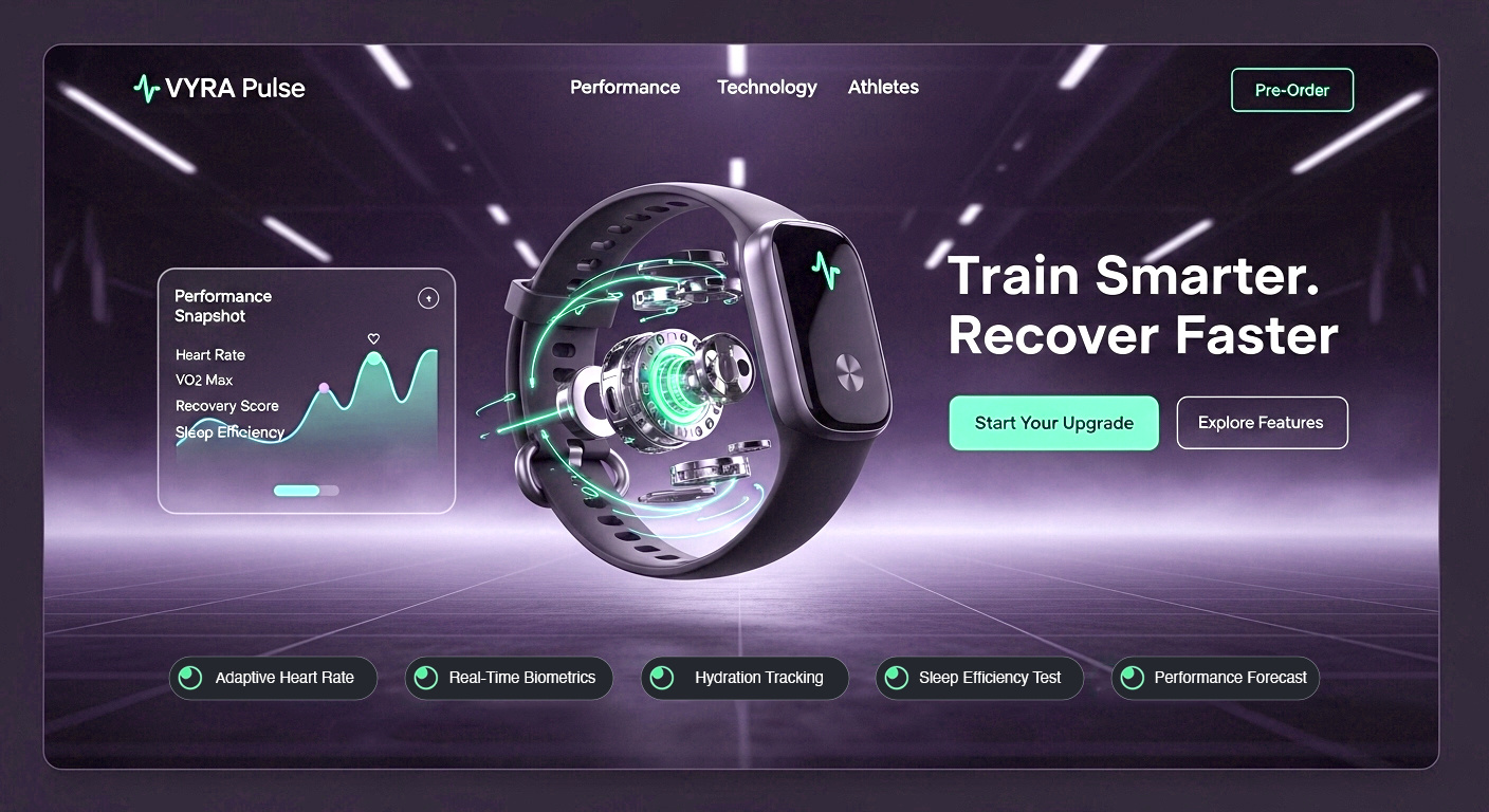 Fitness Tech Landing Page UI Design ☀ VYRA Pulse 3d render creative direction dark ui digital product fitness app futuristic design glassmorphism health tech landing page minimal ui modern website performance tracking product design sports tech startup website tech branding ui design user interface wearable tech web design