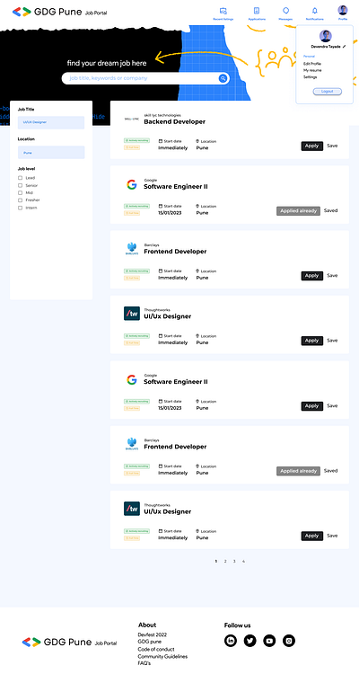 Job Board - GDG Pune animation app app design design figma flutter graphic design homescreen illustration logo ui
