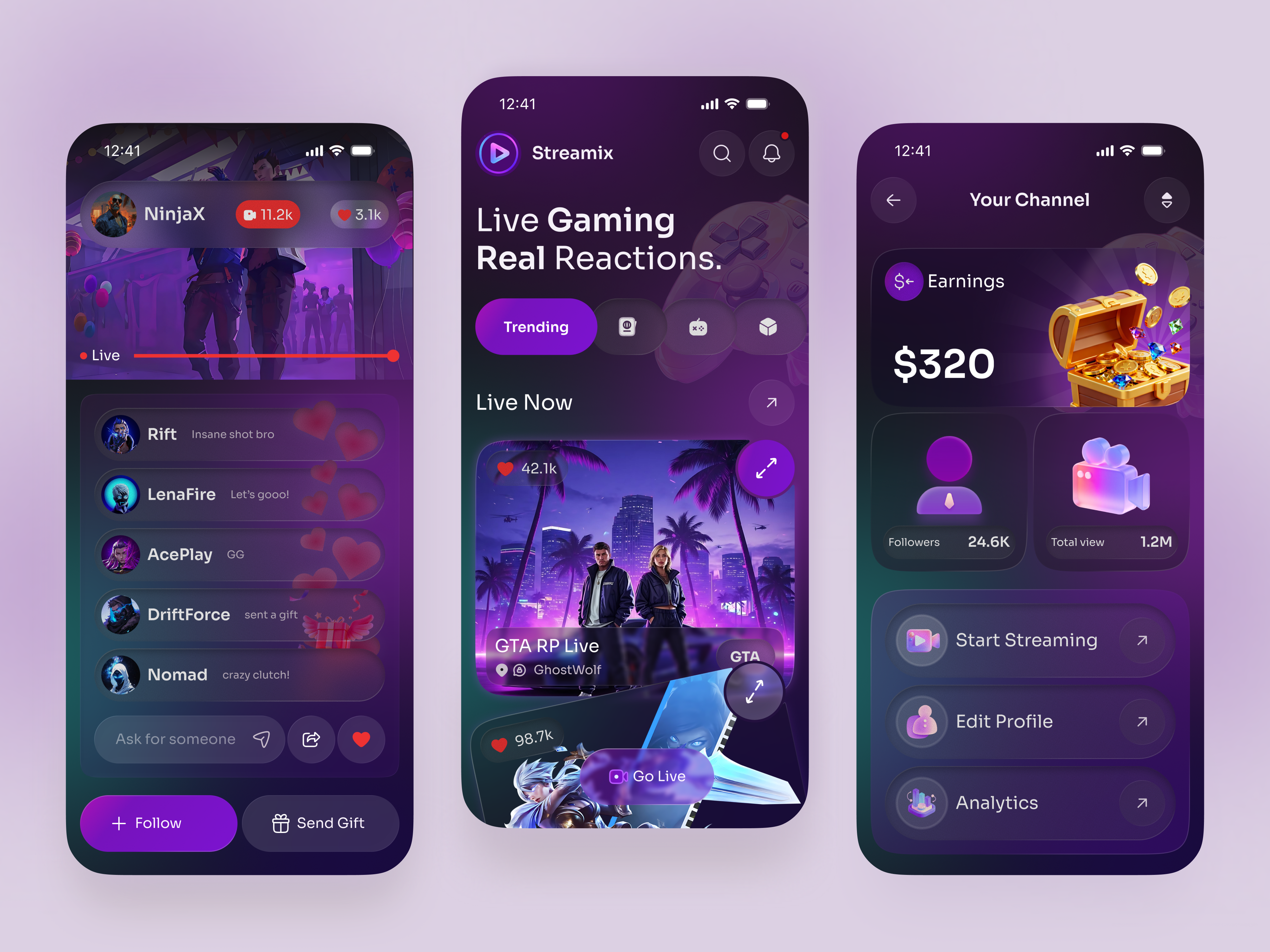 Live Game Streaming App analytics dashboard app design clean ui dashboard esports esports platform game streaming gaming app glassmorphism live broadcast live chat live streaming mobile app mobile ui social streaming streaming platform ui user engagement user interface video streaming