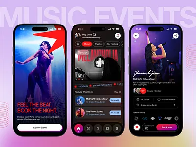 Music Event Booking App – Dark UI Experience artists booking concert concert app dark mode entertainment event event app mobile app design music music app music event music festival singer ticket ticket booking
