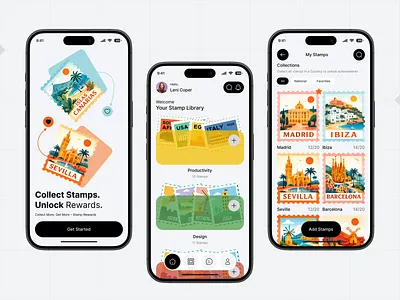 Stamp Collection Mobile App app concept app design clean ui digital collectibles gamification app illustration design ios app design mobile app mobile app design mobile ui modern app product design reward system stamp app stamp collection travel app ui design ui ux user interface ux design