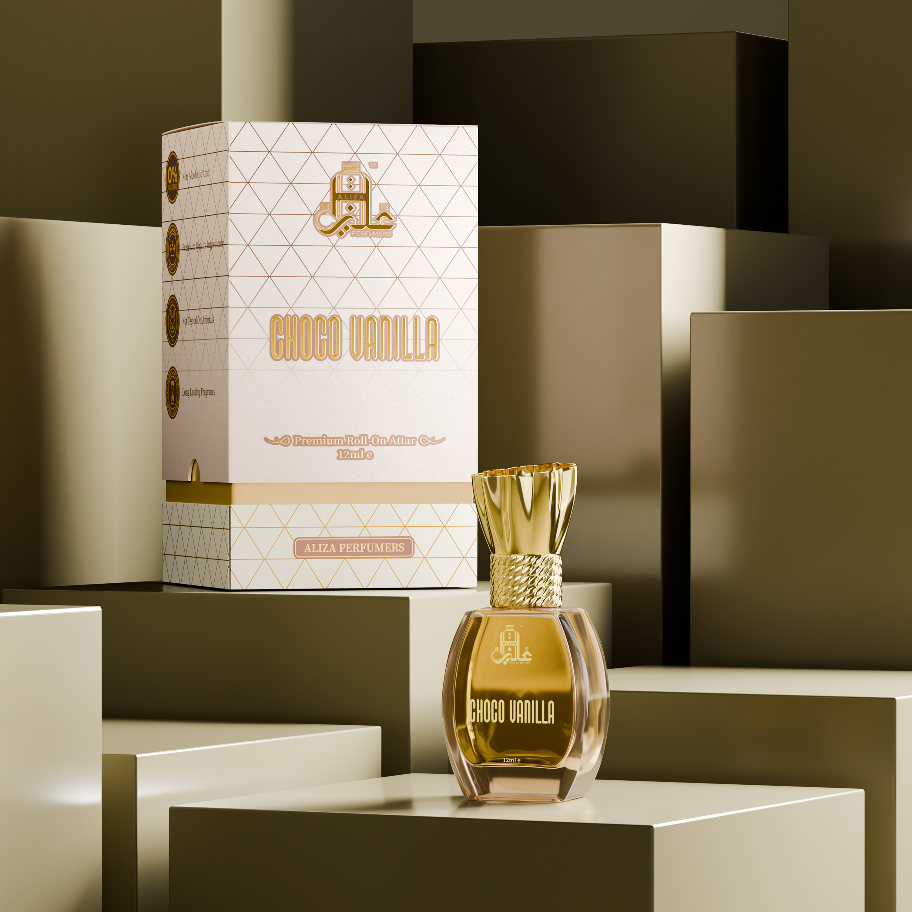 Choco Vanilla – Luxury Attar Packaging & 3D Visualization 3d 3d modeling 3d product 3d product design 3d rendering gold aesthetic package design perfume design perfume packaging product visualization prouct render visualization