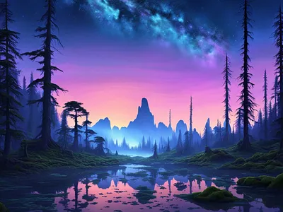 Sky blue illustration lake landscape mist nebula purple purple sky reflections scenery scenic trees