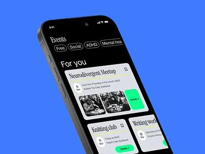 Neurodivergent events app cards events explore page mental health mobile ui ux neon neurodivergent