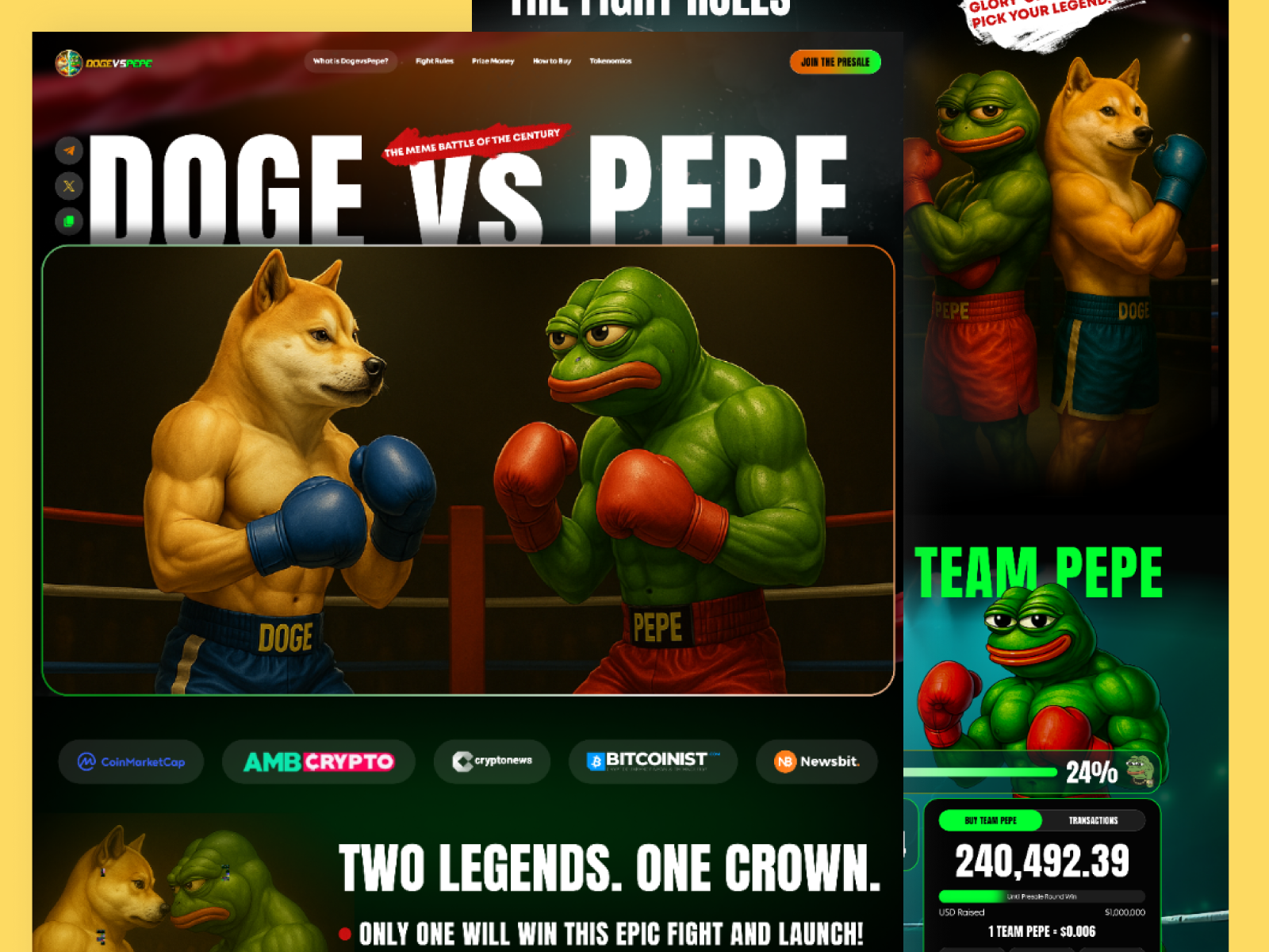 Doge vs Pepe — Crypto Meme Battle Landing Page blockchain branding crypto website cryptoart cryptodesign darkui defi digitaldesign figmadesign gamingui landingpage memecoin nftdesign presale startupdesign tokenlaunch uiuxdesign web3design webdesigner websitedesign