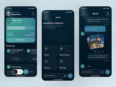 Modern Islamic Knowledge & Quran Mobile App UI ai ai app app assistant app chat ui design education app islamic islamic app knowledge learning app quran quran app religious app salah startup app ui web