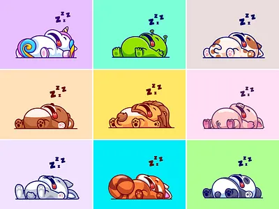 Sleepy Squad😴💤☁️ animal bedtime branding character cute doodle dream flat icon illustration lay on logo night pose relax rest sleep sleeping tired