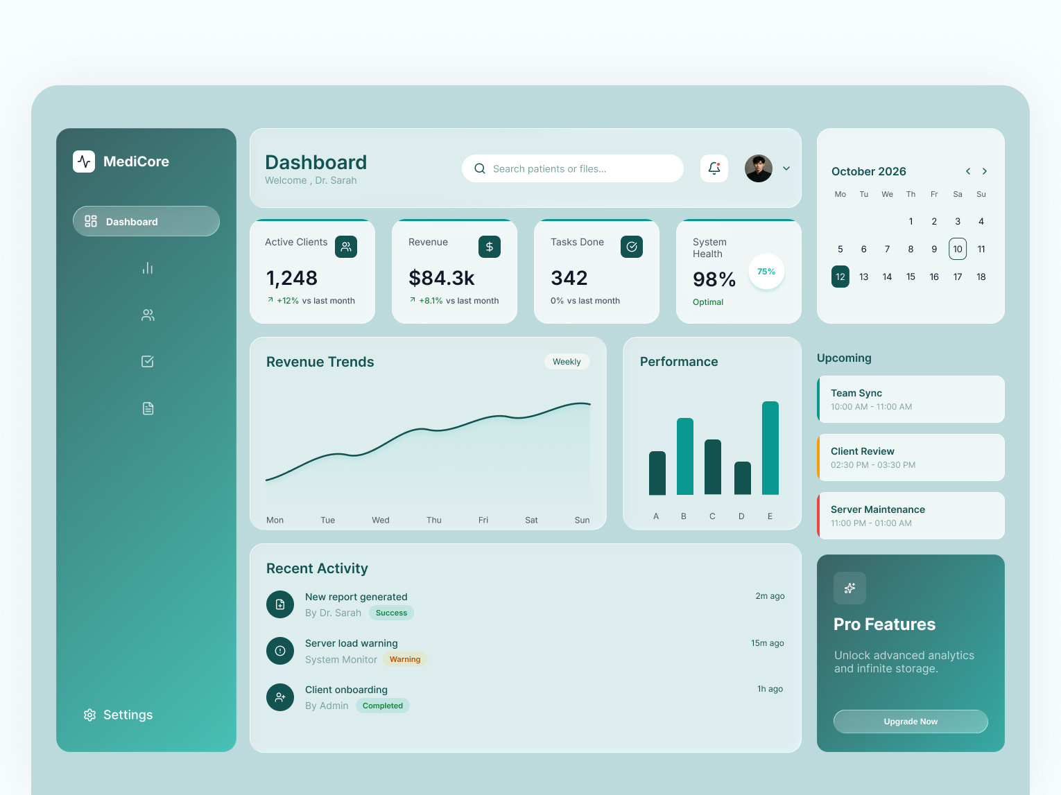 MediCore – Healthcare Admin Dashboard UI adminpanel animation dashboard dashboarddesign healthcareui medicalui moderndesign product design saasdesign ui uidesign uxdesign webdesign