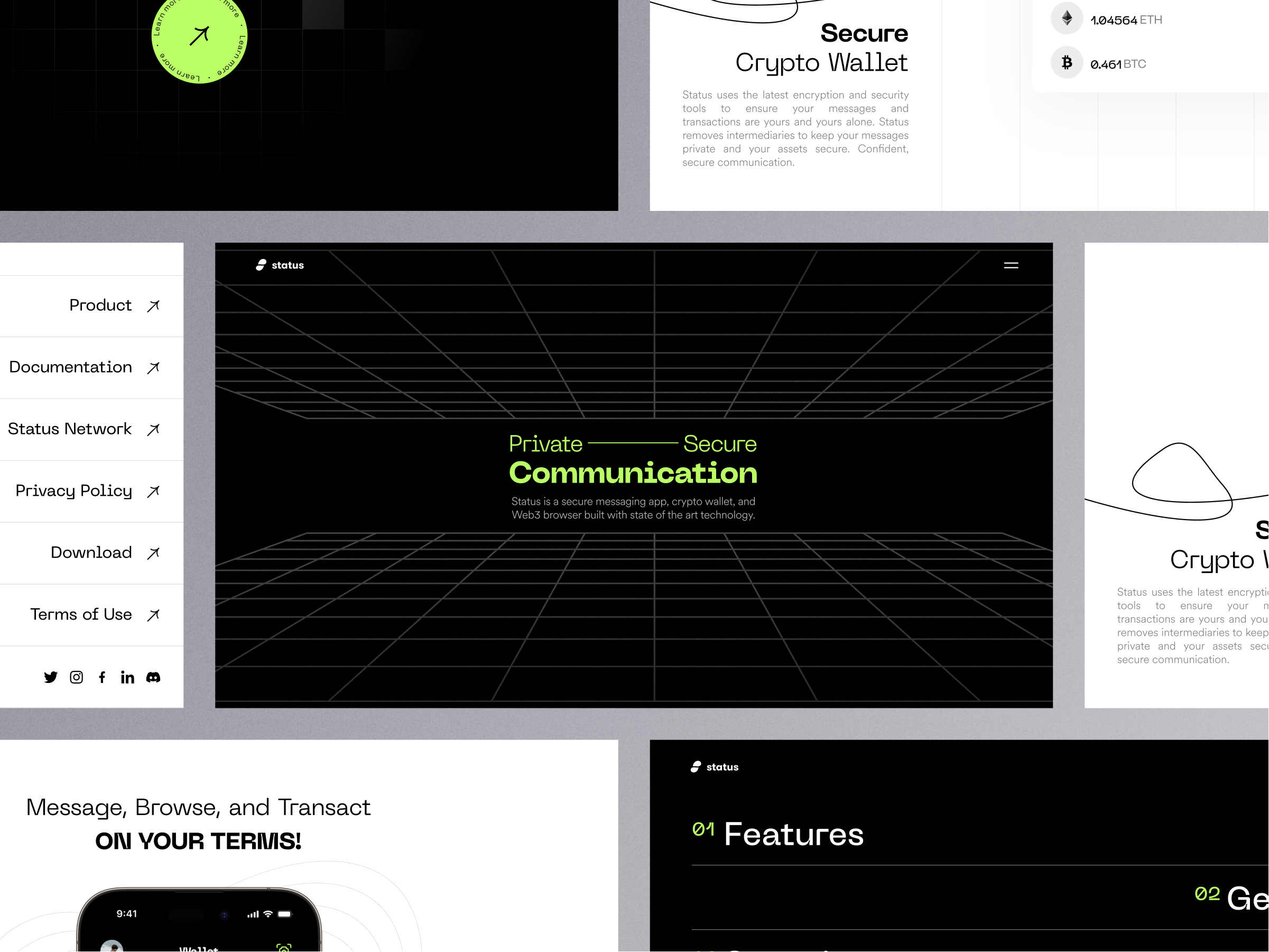 Status: Web3 Messenger, Browser, and Wallet - Landing Page brutalism crypto decenteralized desktop etherium finance fintech footer landing page menu metaverse neo nft token wallet web web design web3