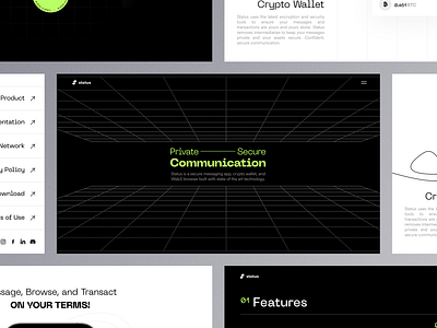 Status: Web3 Messenger, Browser, and Wallet - Landing Page brutalism crypto decenteralized desktop etherium finance fintech footer landing page menu metaverse neo nft token wallet web web design web3