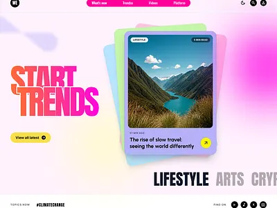 WE-Trending for Share bold typography card ui content discovery dark mode dashboard design digital magazine gen z aesthetic glassmorphism high contrast. interactive interface lifestyle blog minimalist navigation modern layout neo pop pastel background social media hub trend platform uiux design vibrant gradients web design
