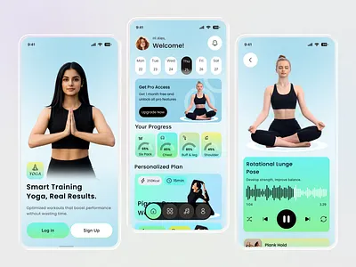 Yoga Meditation Mobile App Design appdesign breathingexercises darkthemeui dribbbleshot fitnessapp healthapp meditationapp meditationui mindfulness mobileappdesign mobileui modernui uiuxdesign uxinspiration wellnessapp workoutapp yogaapp yogapractice yogaui