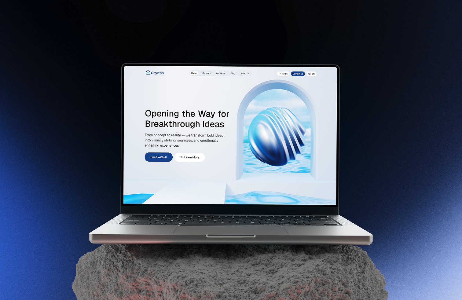 Oryntis — AI Agency Landing Page Design & 3D Visual Concept 3d aiagency branding design figma landingpage minimalism motion graphics uiux webdesign