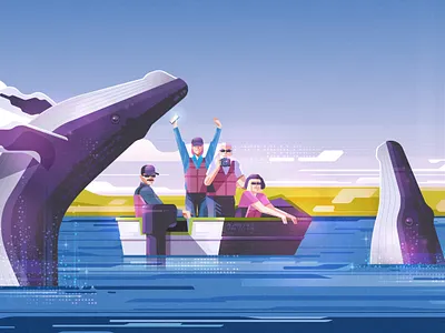 A humpback whales jumps out of the water in front of a boat adventure animal boat breach coast humpback illustrator life mammal nature ocean sea vector wave whale wildlife