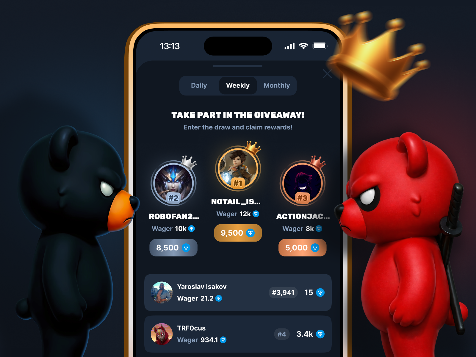 Stage - Leaderboard badges challenge daily e commerce gambling gifts leaderboard mobile app mobile ui race rank ranking score top players winner