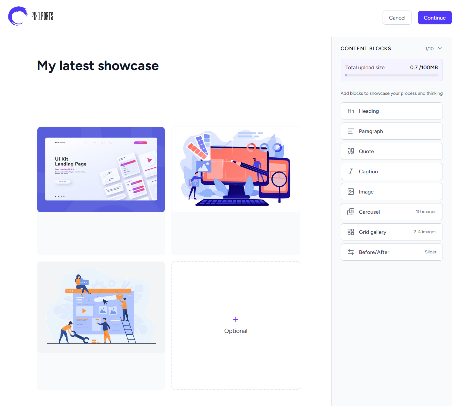 PixelPorts - Content editor branding design ui ux