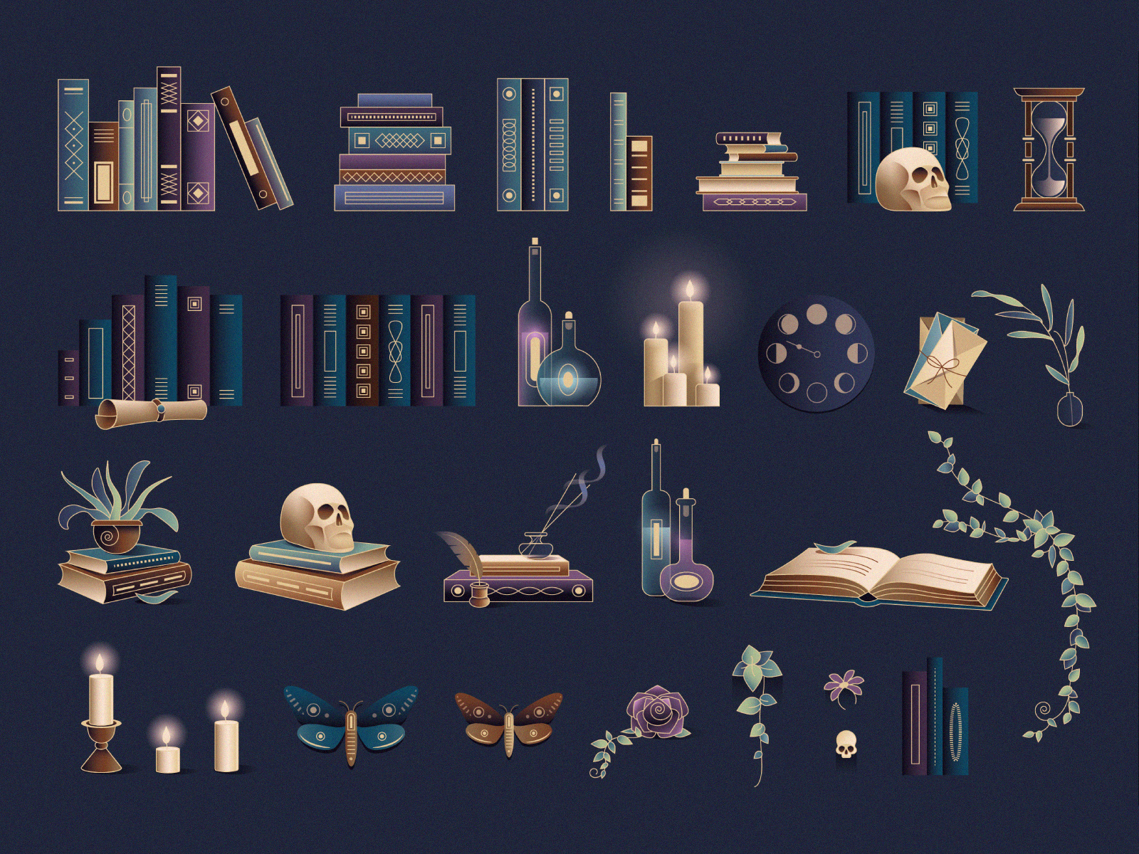 Dark Academia icon set - Nocturne Nouveau branding kit