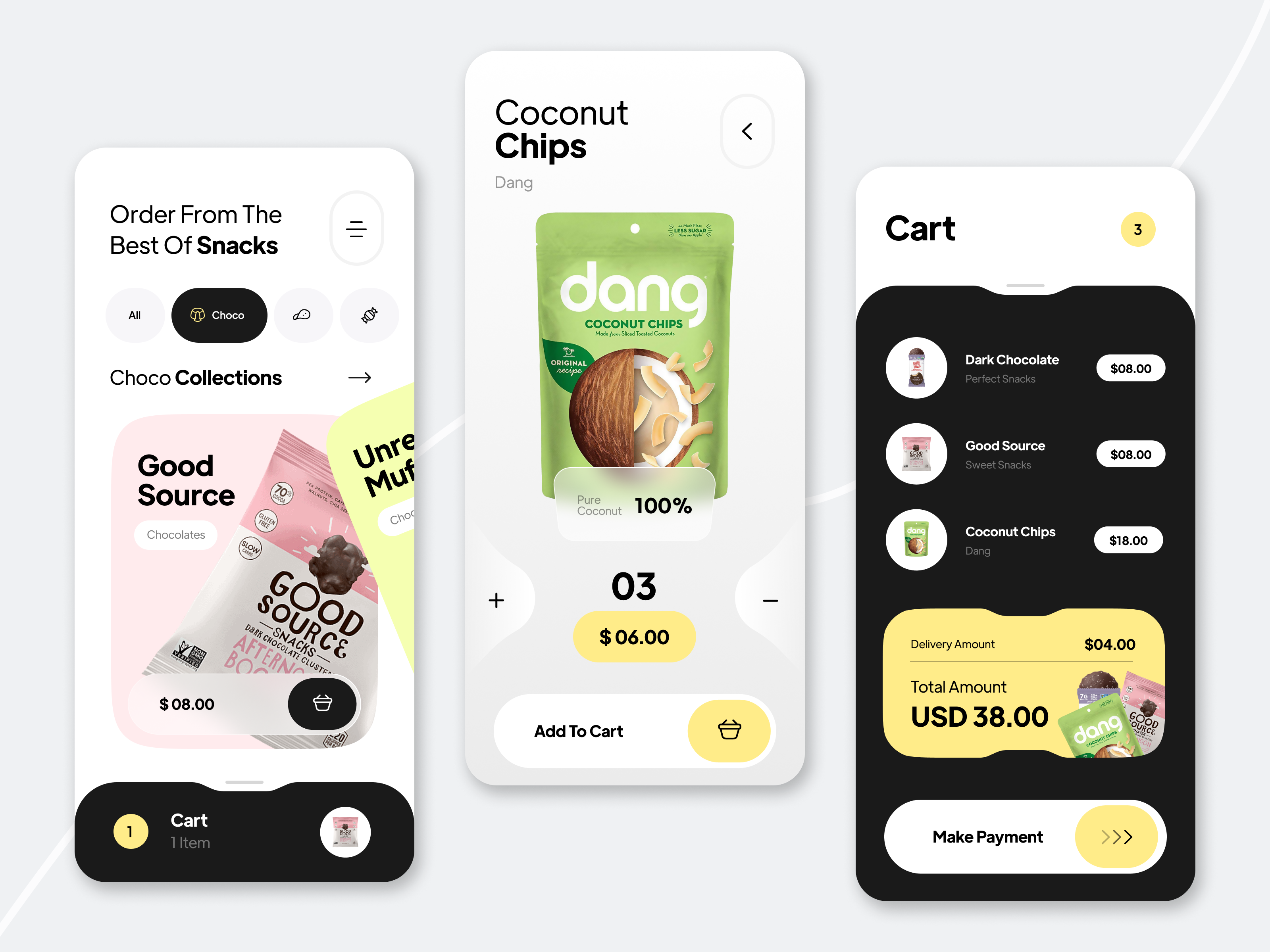 Snack Ecommerce Mobile App add to cart animation app design checkout checkout screen e commerce ecommerce app food app grocery app grocery store ios app marketplace mobile app modern app online store product page shopping app shopping cart snack shop white mode