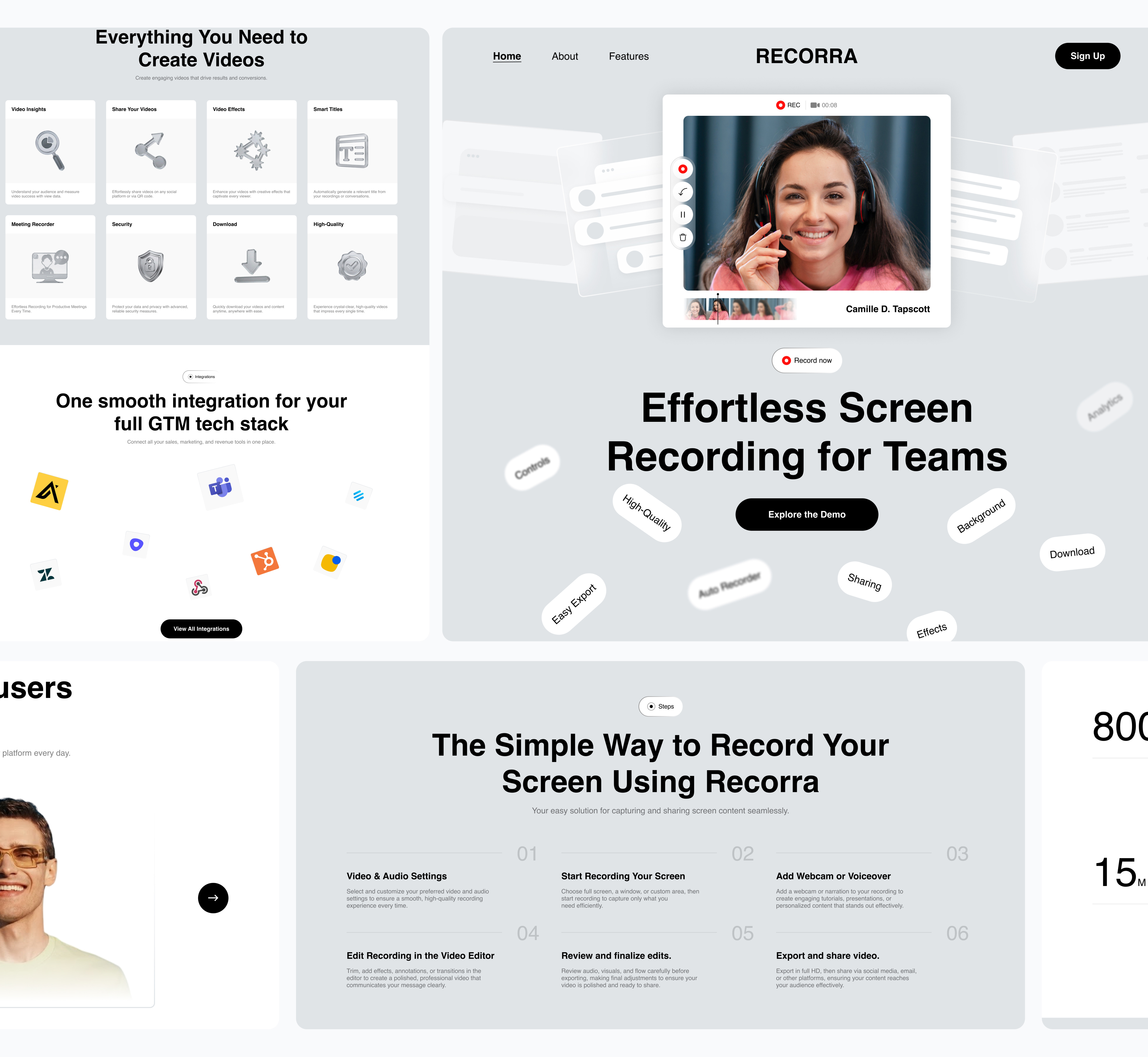 Screen Recording Website - UI/UX Design b2b saas creative website design hero section homepage landing page meeting recording modern screen recording platform modern screen recording website modern ui modern website online video editor saas website screen editing screen recorder landing page ui ux design video editing website video tool web design website design workflow tool