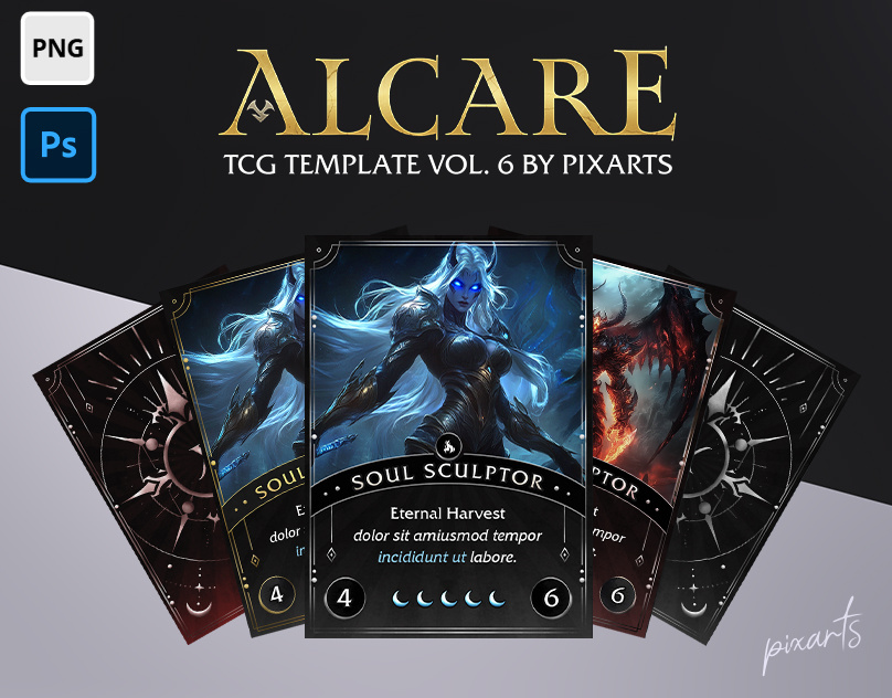 Alcare Dark Fantasy Style Vol – Trading Card Game (TCG) Template board game card game card template dark fantasy eldritch fantasy art game assets game design game ui gaming graphic design indie game mystical photoshop print ready rpg souls like tabletop tcg ui design