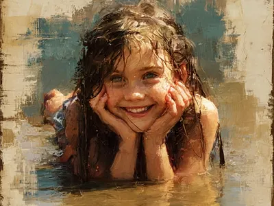 A Gentle Smile in Sunlit Water artistic portrait child childlike painting classic frame cozy mood friendship graphic design kids oil paint style playfulness smile textured art wall decor warm colors warmth water