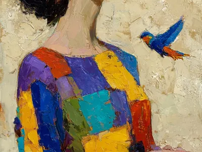 A Woman and the Colors of Life artistic blue birds calm contemporary art coziness feeling femininity oil painting painting patchwork dress portrait textures of paint vibrant colors wall art woman