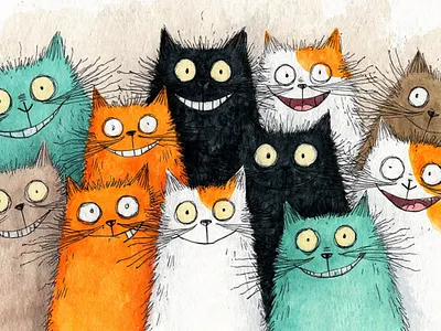 A Colorful Group of Cats affection artistic portrayal artistic style caricature cartoon cats domestic animals friends fun hand drawn lively pets smiles vibrant colors wall art