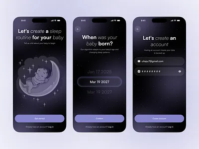 Baby Sleep Tracker Mobile App - Onboarding baby app ui baby development baby monitoring app baby sleep tracker baby tracker child tracker create account login form mobile app mobile ui onbording registration sign up form verification web