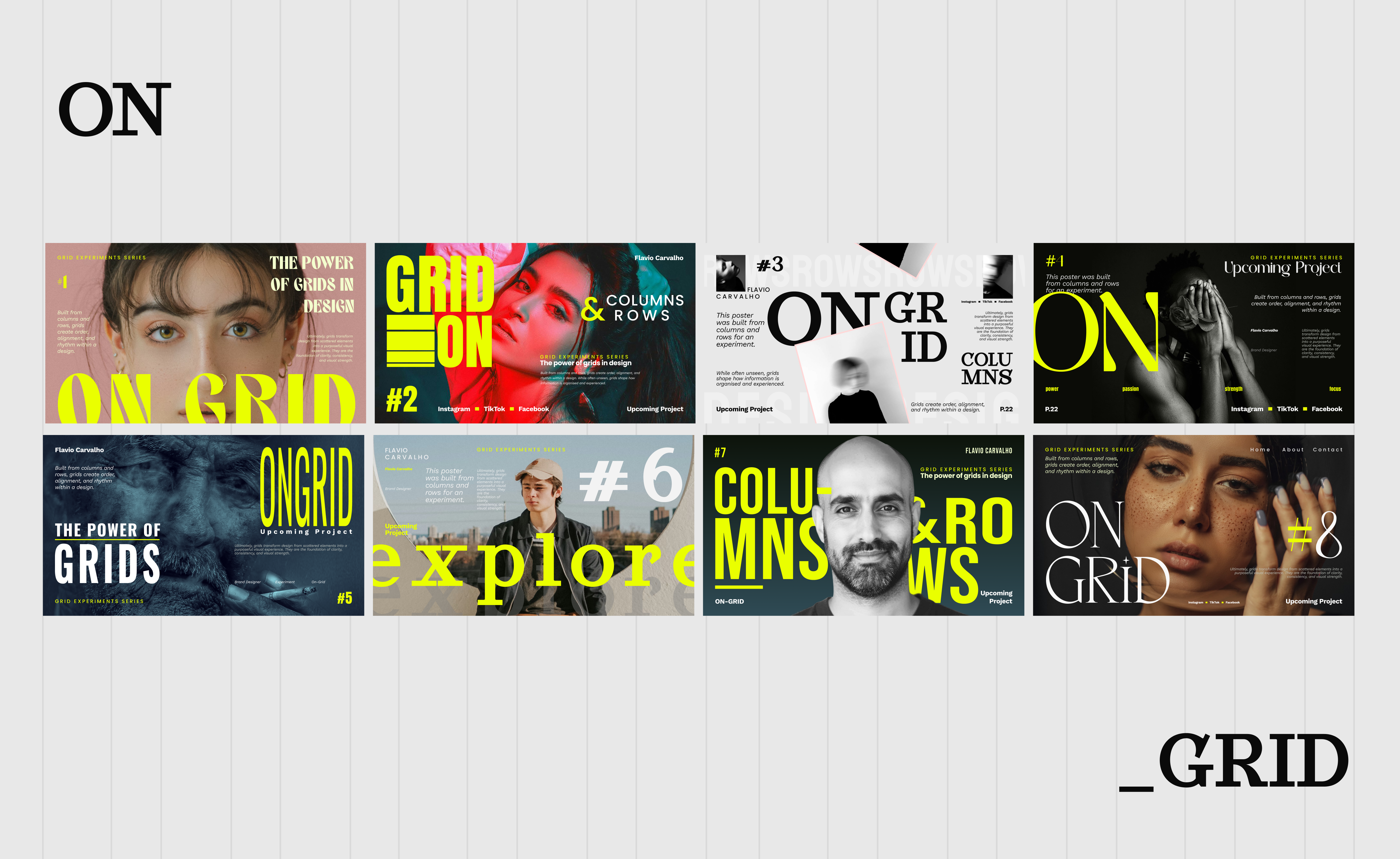 1 Grid. 8 Explorations. gridsystem hero section layout posters typography user interface visualdesign