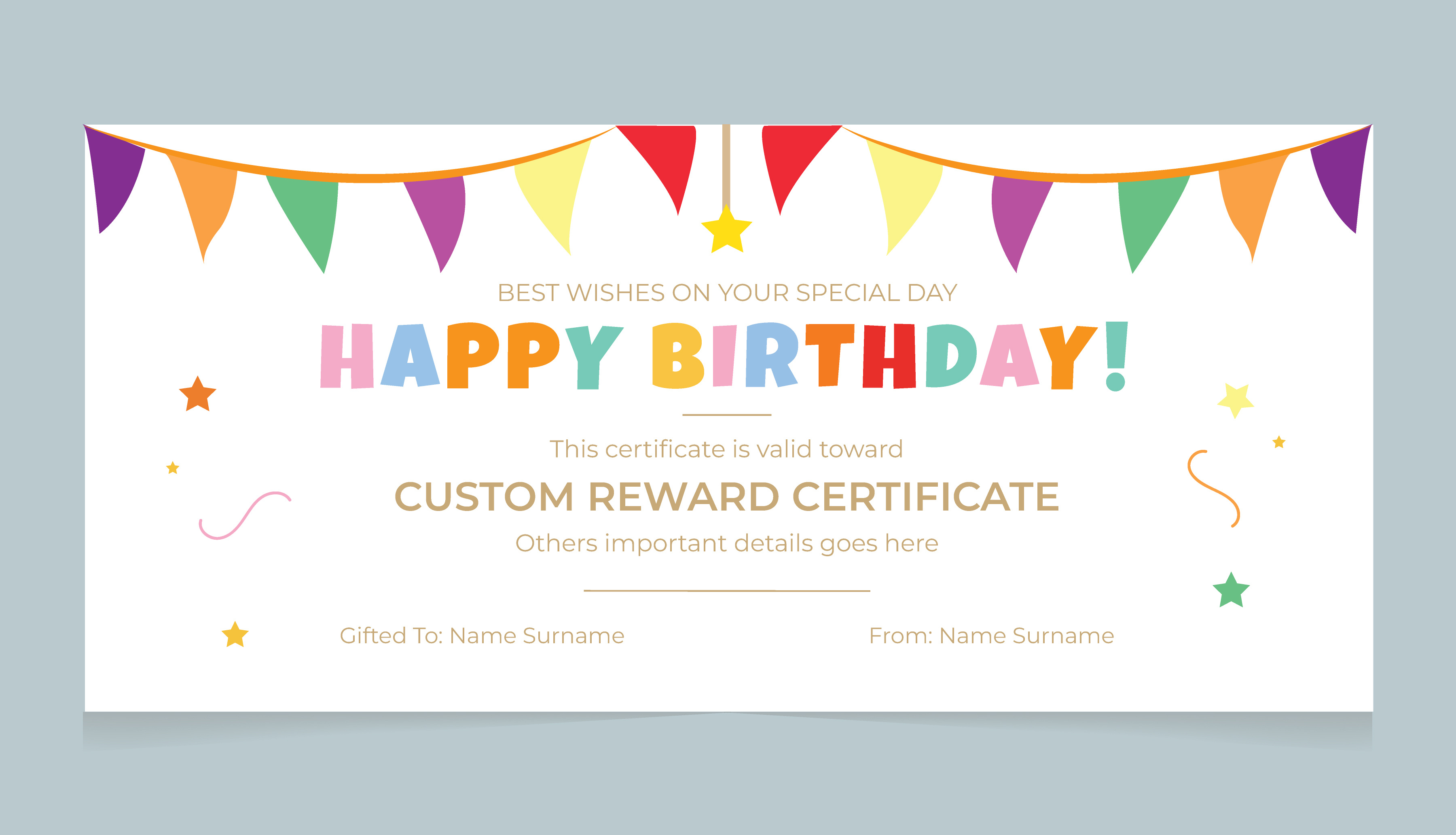 Colorful Happy Birthday Gift Certificate Template birthday birthday card template birthday certificate birthday gift voucher birthday template birthday voucher bunting flags celebration background colorful birthday confetti background editable template festive design gift certificate greeting card design happy birthday kids birthday party banner party decoration printable certificate reward certificate