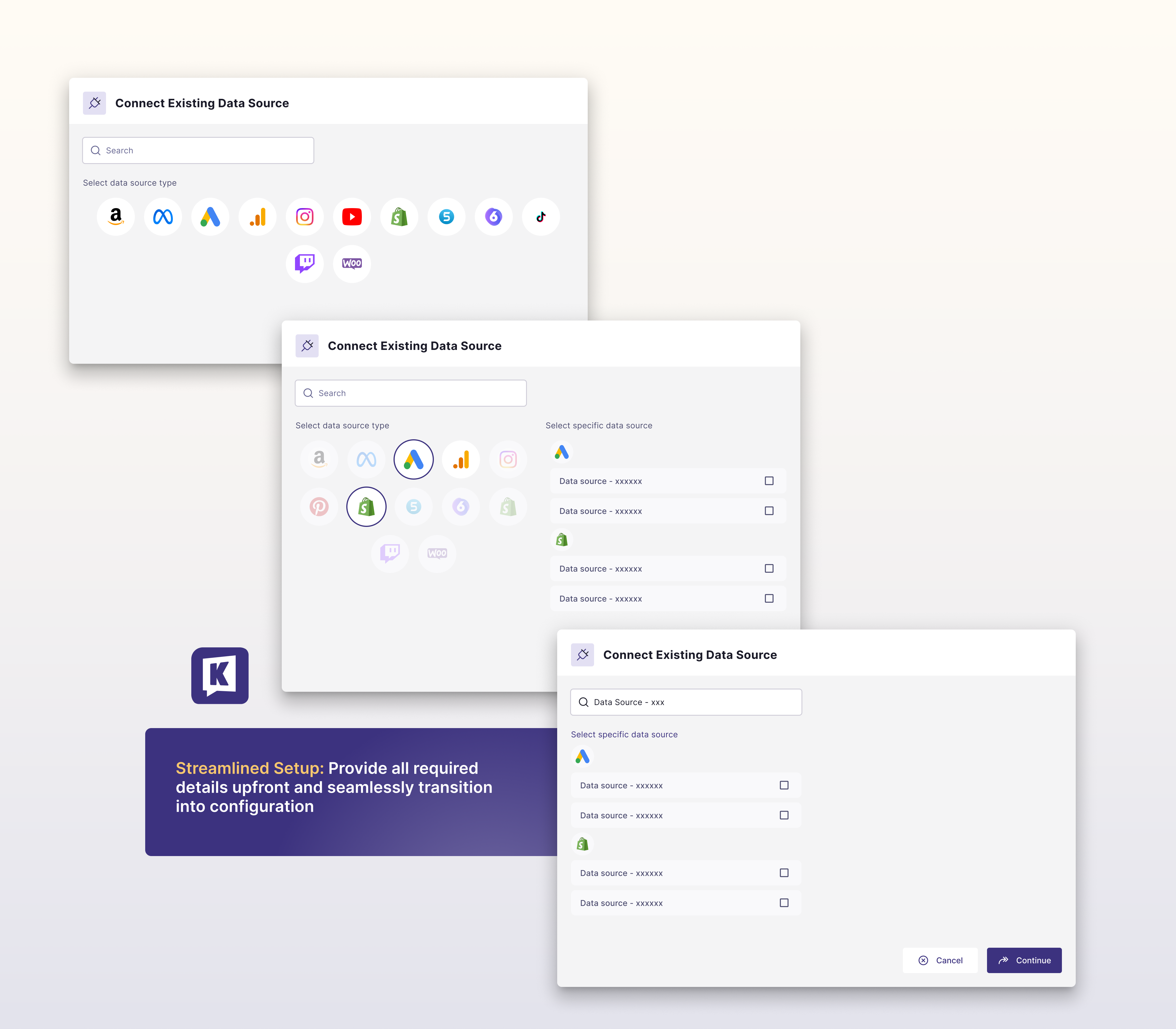 Data Source Selector - Store Configurator analysis configuration configurator data sources ecom logos modal reporting search select selector ui