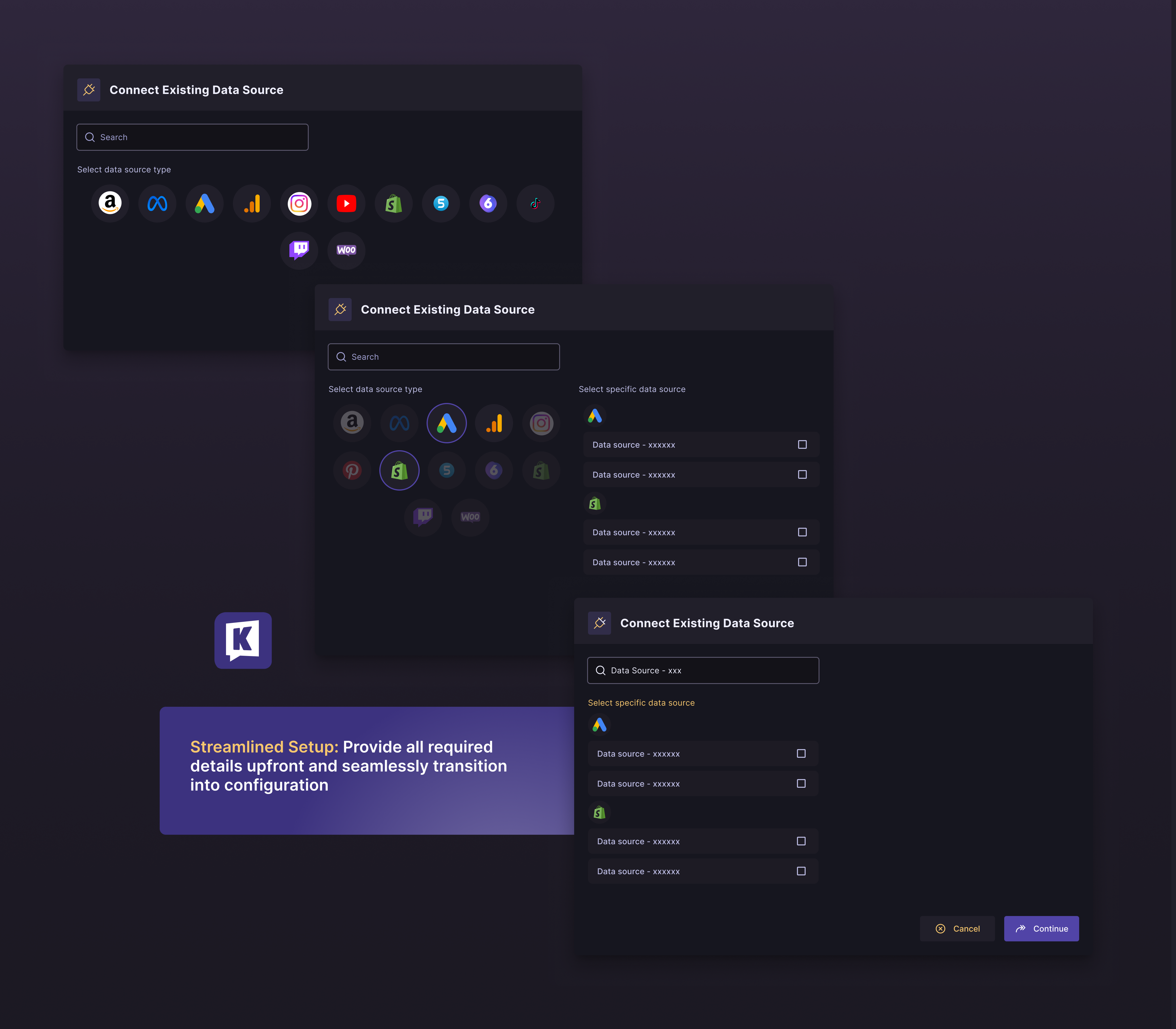 Data Source Selector - Store Configurator configuration configurator dark mode data source selector modal select selector ui