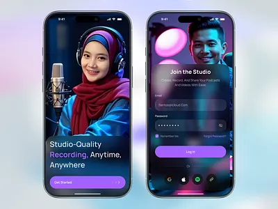 Voice Chat Room & Podcast Recording Mobile App UI app design app ui audio app community app content creation figma design mobile app podcast app saas app social app studio app ui design uiux video recording voice chat app