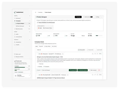 AI Lead Generation Dashboard – Light Mode SaaS UI ai b2b clean dashboard design graphic design lead generation light mode modern product designer ui ux webapp