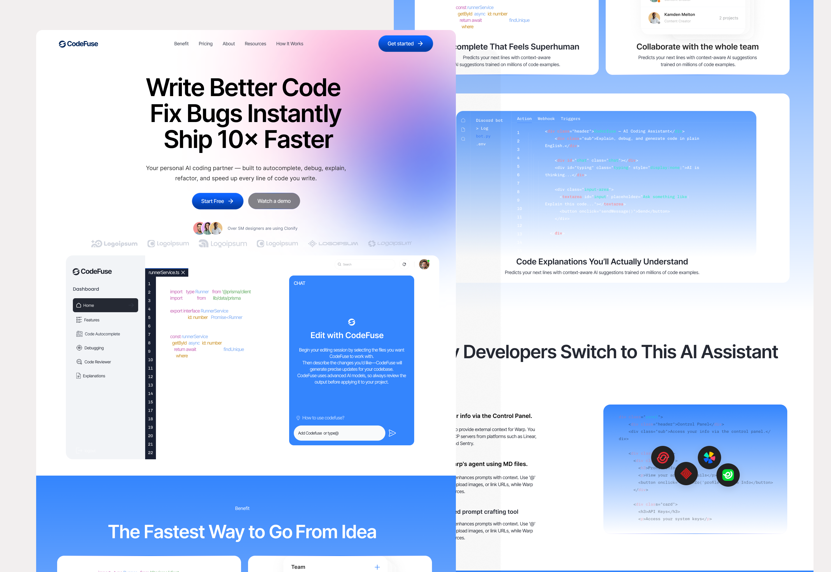 CodeFuse — AI Coding Assistant Landing Page UI Design admin panel ai assistant ai tool ai website clean ui code editor ui coding platform dashboard ui developer tools gradient design landing page design minimal design modern website saas landing page software ui startup website tech startup ui design ux design web design