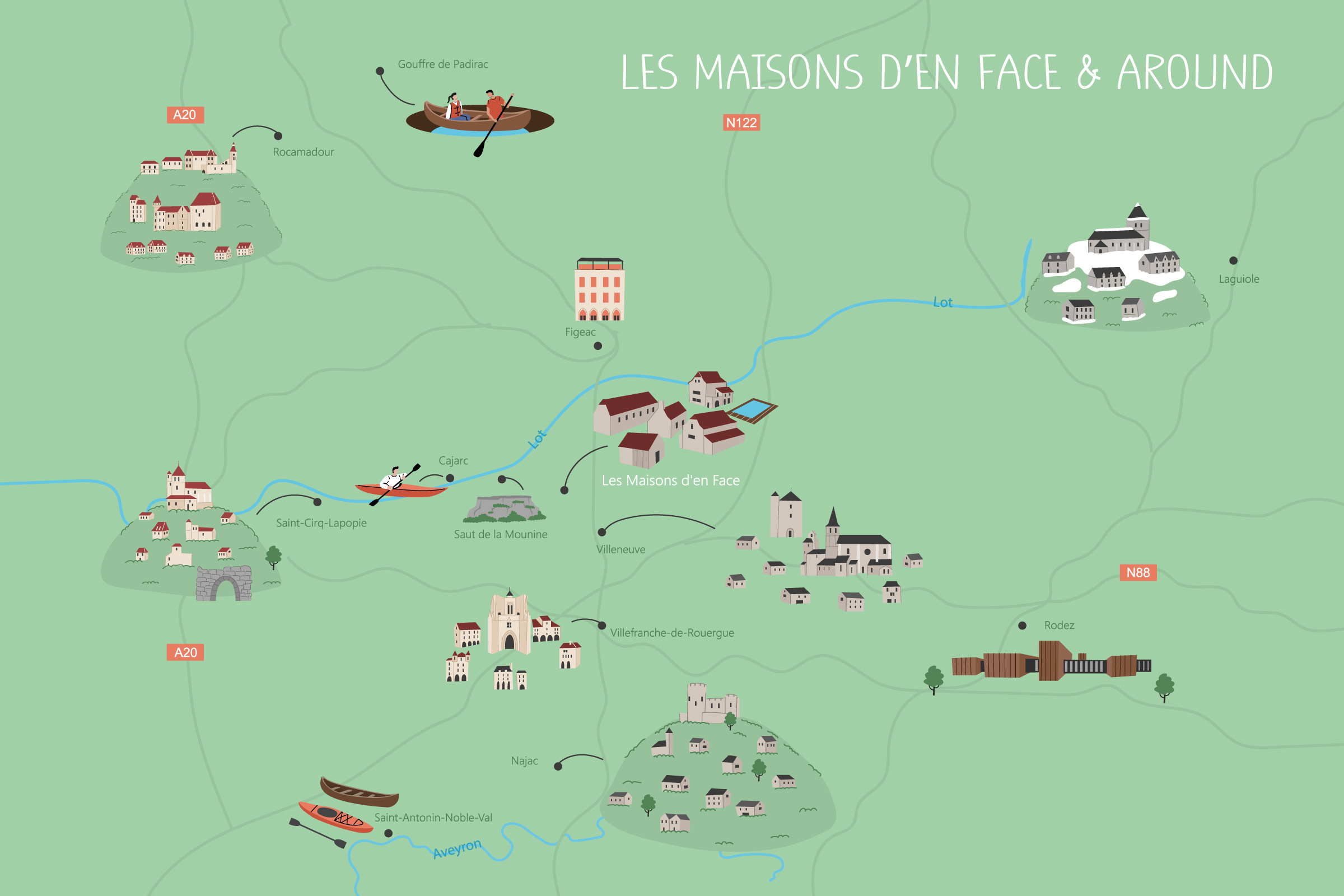 Les Maisons d'en Face Map airbnb map cartoon map city map custom map design destination map france map graphic design hospitality illustrated map illustration map map illustration resort tourism tourist map travel guide travel illustration
