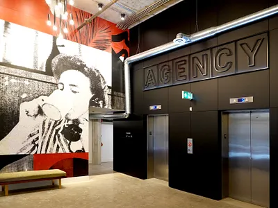 AGENCY Lofts Main Lobby branding mural