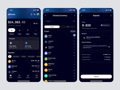 Crypto Wallet Mobile App: Portfolio & Deposit Module app design bank banking crypto crypto swap dark mode emoney fintech mobile mobile app mobile bank product design saas transaction transaction flow uiux wallet web3