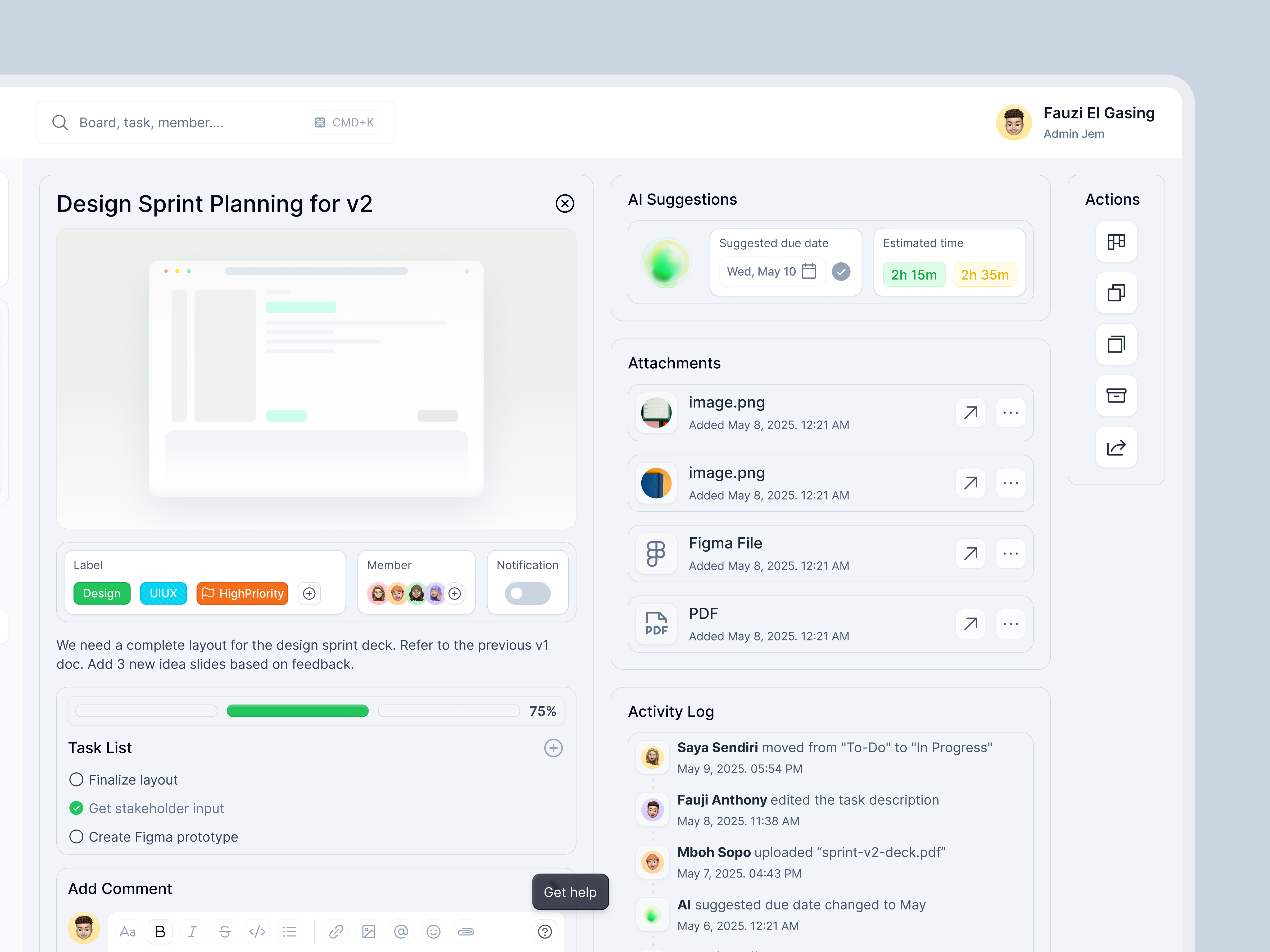 Task Detail Project Management Dashboard board company dashboard design kanban management manager minimal modern project project based project management task task detail task manager ui ui design ux design website work