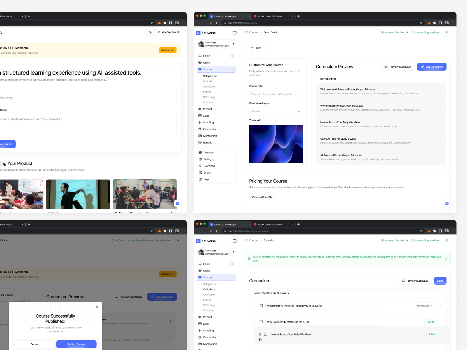 Eduverse - AI for Online Course Creator (Generate Course AI) ai education ai product certificate creator community platform course builder course creation course platform design systems education app edutech generate course learning management system learning platform online course creator podcast builder redesign saas setup curriculum ui ux design web app