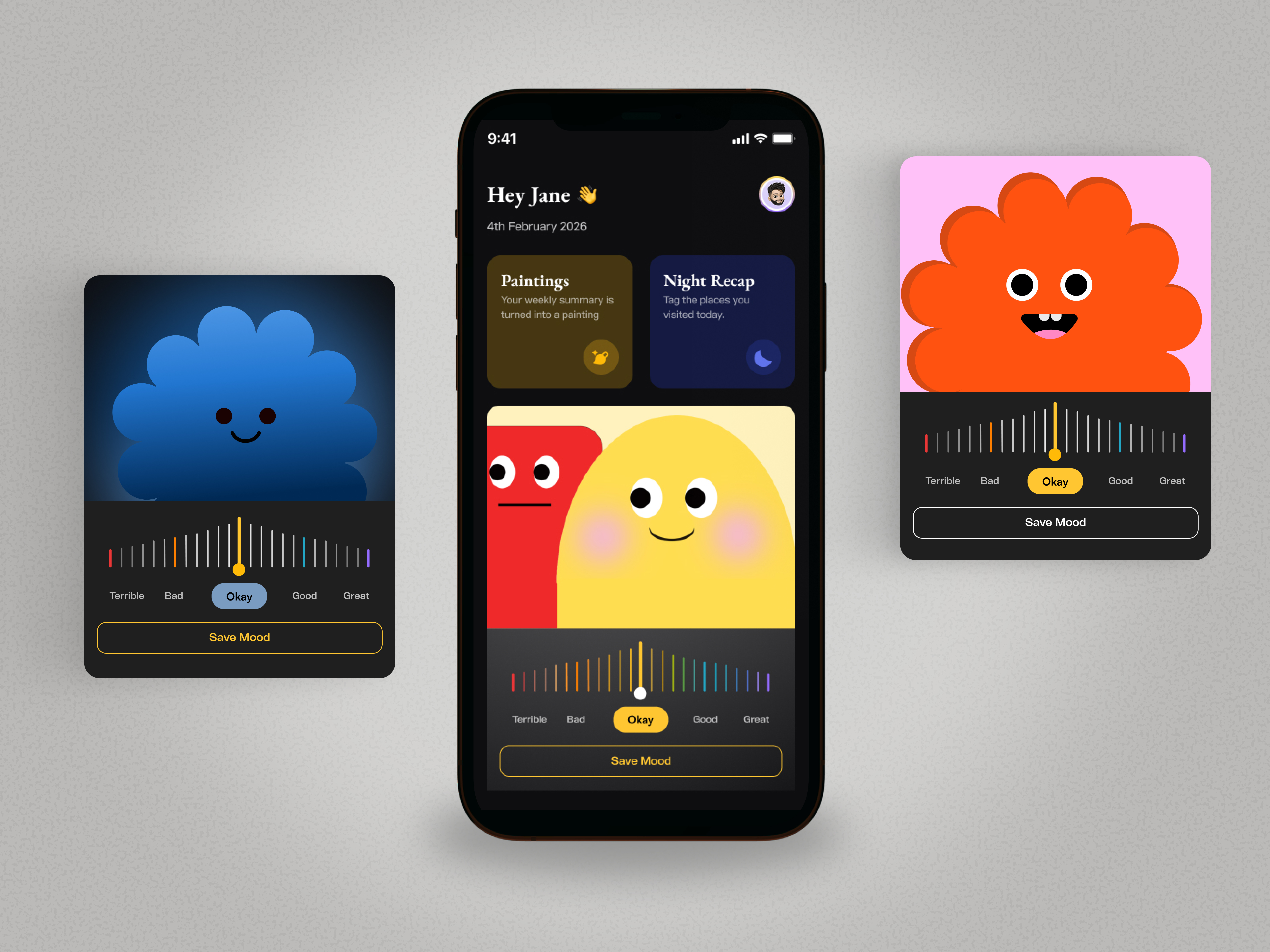 Mood tracking mobile app design app design character design dark theme design system figma habit tracking illustration interaction design interface design mental health app micro interactions mobile app mood tracker product design self care app startup design ui design ui ux ux design wellness app