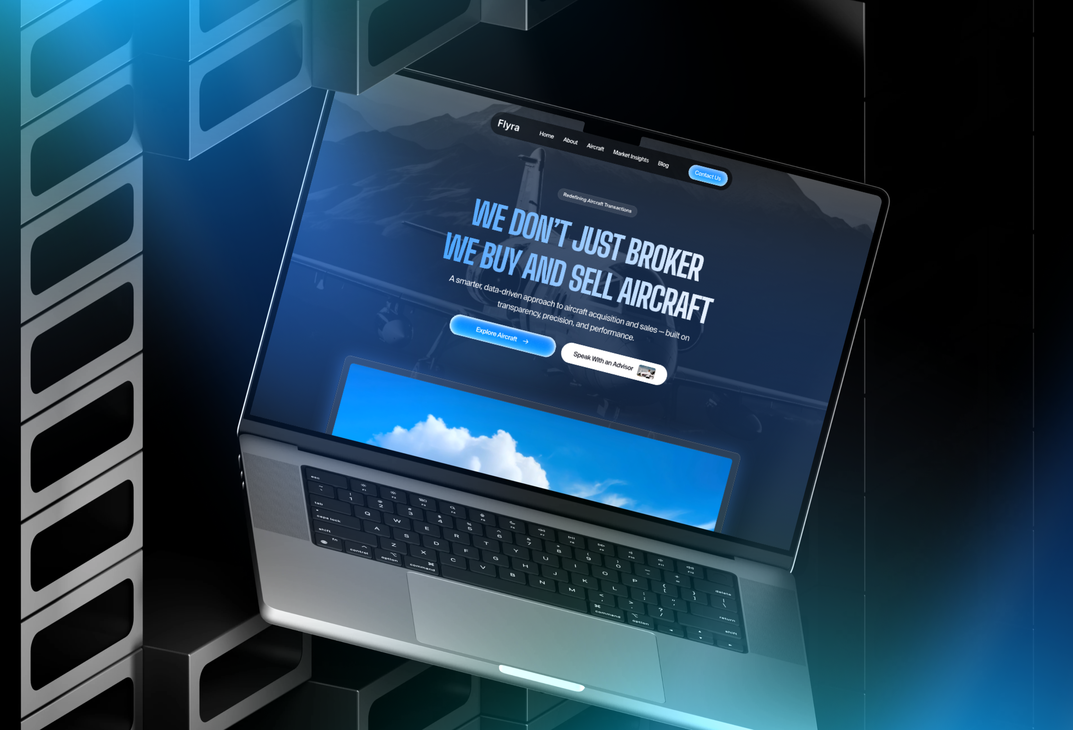 Flyra — Aircraft Brokerage Landing Page aircraft aircraft broker aircraft landing page aircraft ui bold design buy aircraft buy and sell dark ui dark website modern aircraft website modern design sell aircraft typography ui uiux website design
