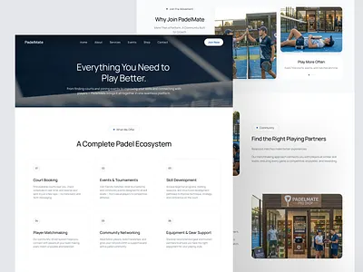 PadelMate – Services Padel Ecosystem Page branding community website design landing page padel padel community padel website service service page sports sports ui design sports website typography ui uidesign uiux ux uxdesign web design website