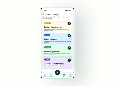 Financial Planning Screen account bill bill management budget management financial planning fintech finzo goal planning mobile app personal finance app