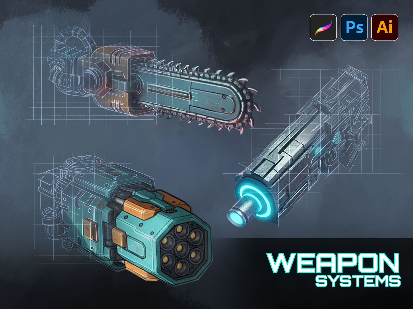 Vectoron X — Part II: Weapon Systems 3d 3d art concept art design process digital 3d digital art digital illustration futuristic design game art illustration robot design weapon weapon design