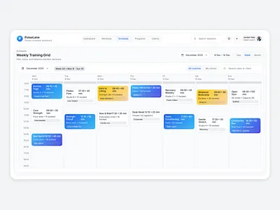 PulseLane — Plan Every Session, Power Every Goal branding dashboard dashboard design fitness branding fitness dashboard fitness schedule healthcare dashboard healthcare dashboard design light theme design schedule schedule ui ui ux