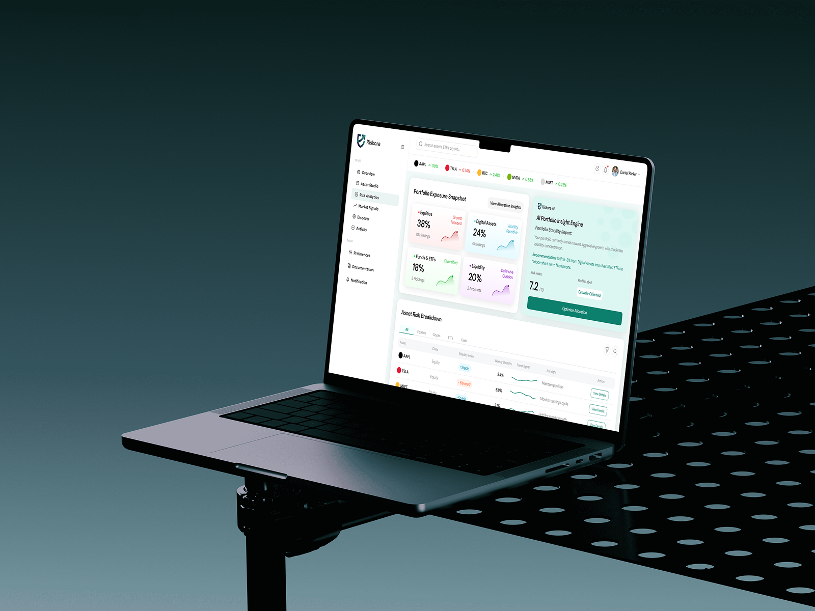 AI Portfolio Analytics Dashboard analytics dashboard application design dashboard data visualization digital product enterprise software finance dashboard financial technology interaction design investment platform portfolio management product design responsive design risk management ui design user experience user interface ux design web app web design