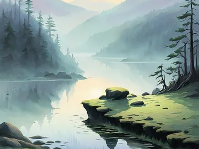 Misty Forest Lake forest green illustration lake landscape moss mountains pastel reflections rocks scenery scenic trees