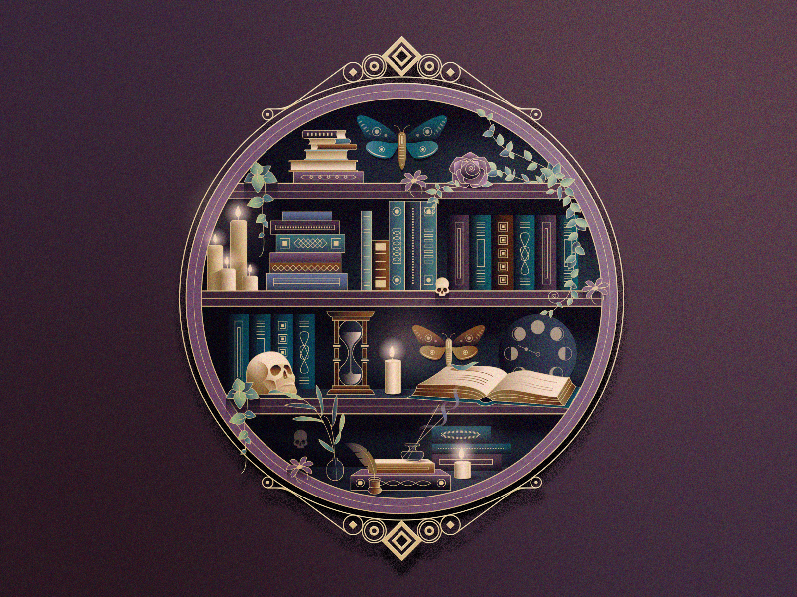Dark Academia vintage bookshelf illustration